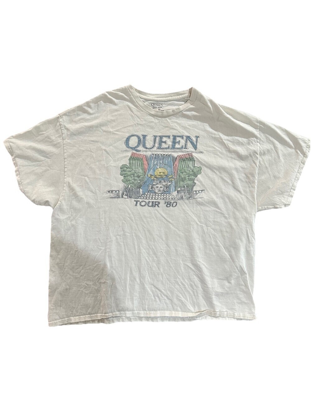Queen Tour 80 Band T Shirt Mens XL White Official Merch Rock Graphic Distressed
